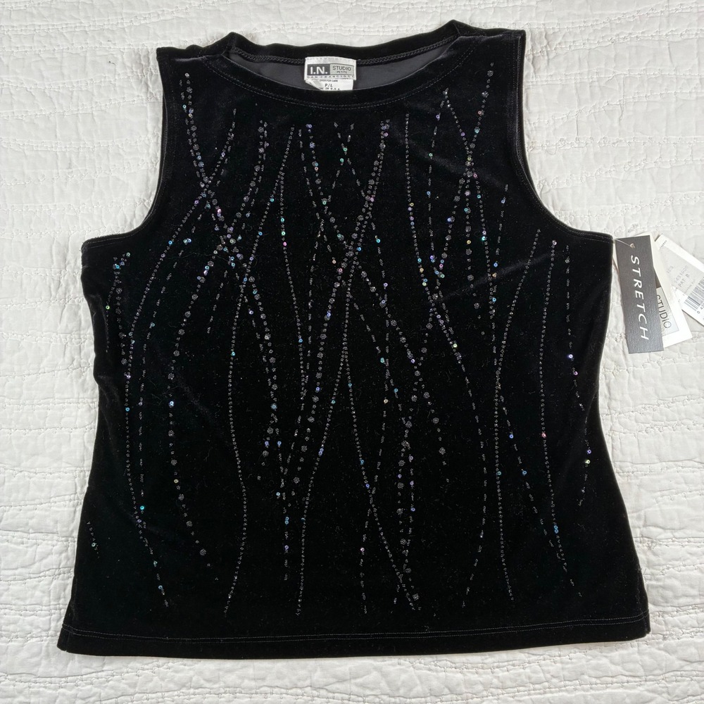 NWT I.N. Studio Petite Velvet Top PL Black Sequin Sleeveless Sparkle Cocktail
